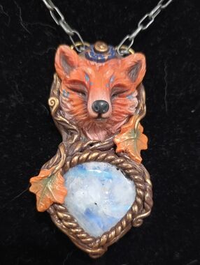 Handcrafted Polymer Clay Orange Fox Pendant Necklace with Rainbow Moonstone